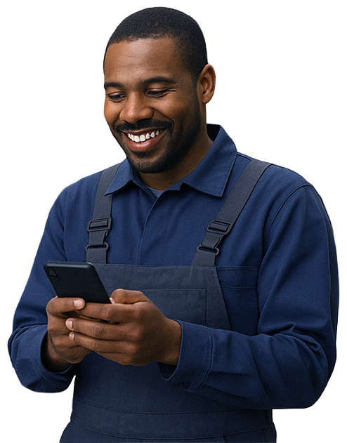 Frontline worker smiling while reading a WhatsApp notification